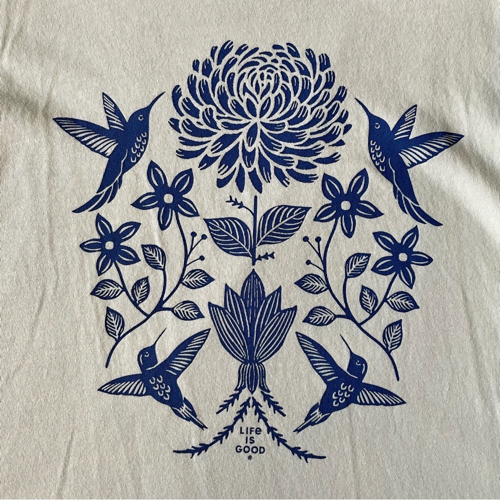 Life Is Good Floral Hummingbird T-Shirt, Women’s Size Large